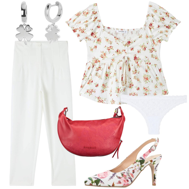 Outfit donna - Floreale. Stile Glamour per Tutti i giorni. look ideale per Petite. Abbinamento con décolleté, pantaloni chino, bluse, culotte, orecchini, borse a spalla.