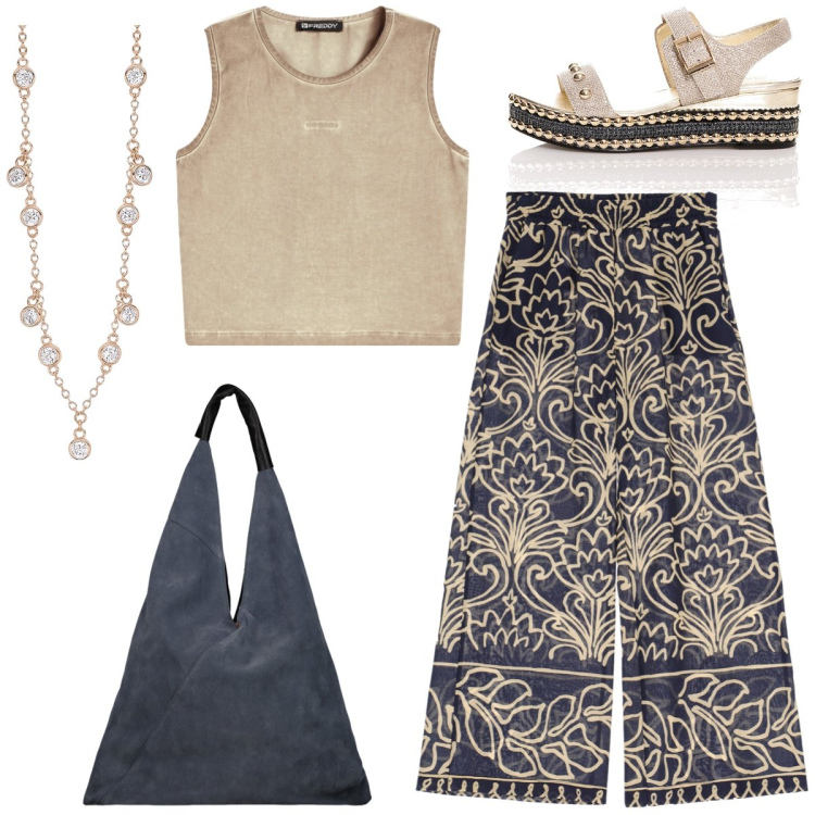 Outfit donna - Etnico. Stile Etnico per Tutti i giorni. Abbinamento con borse a spalla, collane, top, pantaloni a palazzo, sandali.