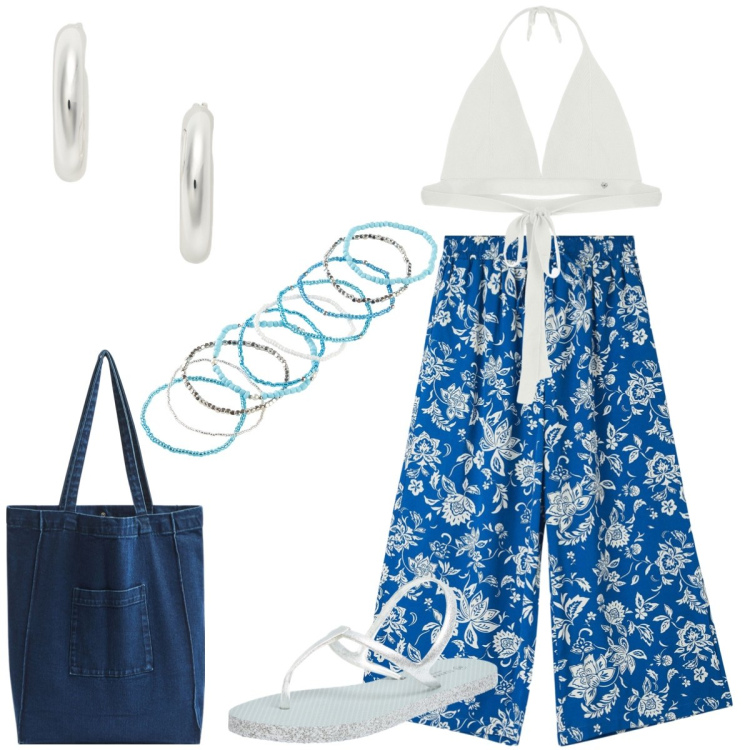 Outfit donna - Al mare. Stile Casual per Tutti i giorni. Abbinamento con braccialetti, pantaloni a palazzo, sandali, shopping bag, top, orecchini.
