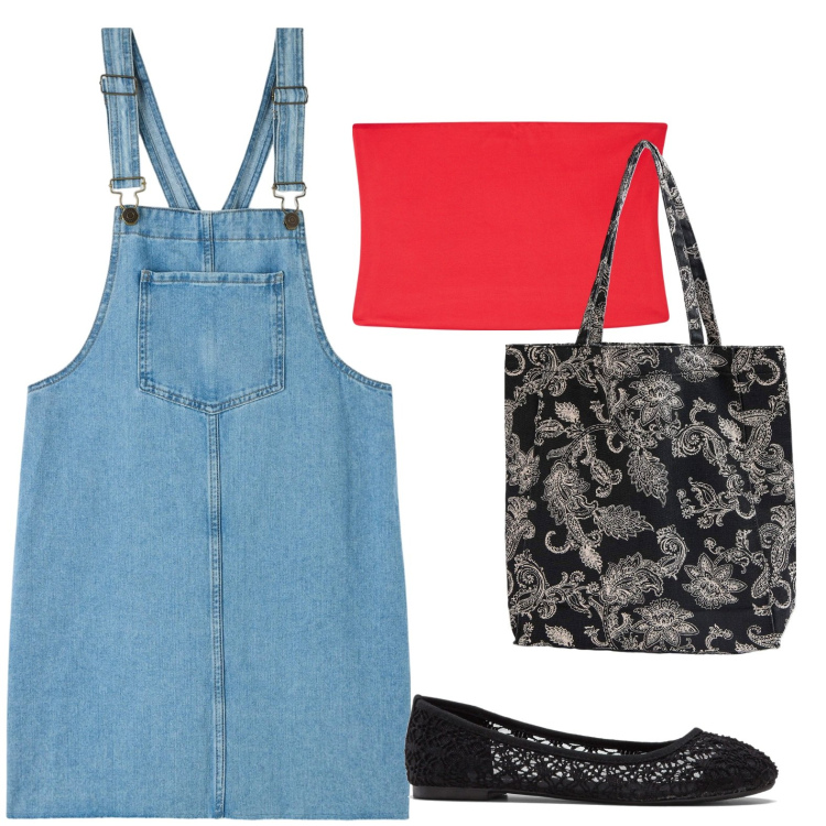 Outfit donna - Salopette. Stile Casual per Tutti i giorni. look ideale per Petite. Abbinamento con ballerine, vestiti senza maniche, shopping bag, top.