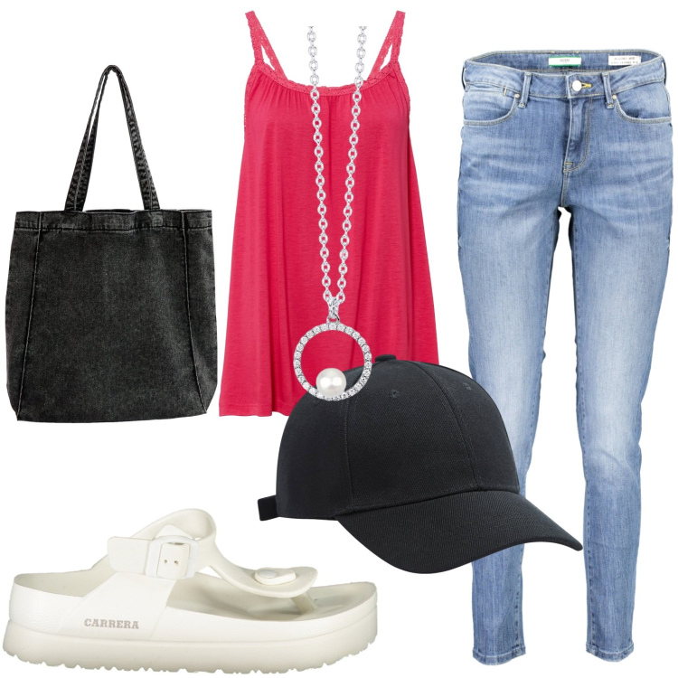 Outfit donna - Jeans. Stile Boho per Tutti i giorni. look ideale per Petite. Abbinamento con top, cappelli, shopping bag, collane, jeans skinny, infradito.