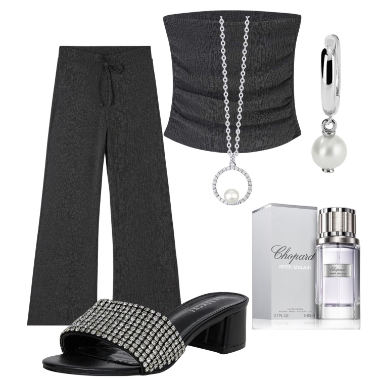 Outfit donna - Serata ? Pronta in un minuto!. Stile Glamour per Serata fuori. Abbinamento con profumi, pantaloni, top, ciabatte, collane, orecchini.