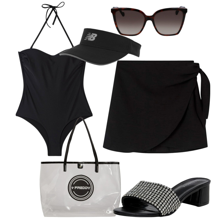 Outfit donna - Total look #1905981. Stile Casual chic per Mare. Abbinamento con costumi interi, vestiti da spiaggia, ciabatte, cappelli con visiera, shopping bag, occhiali da sole.