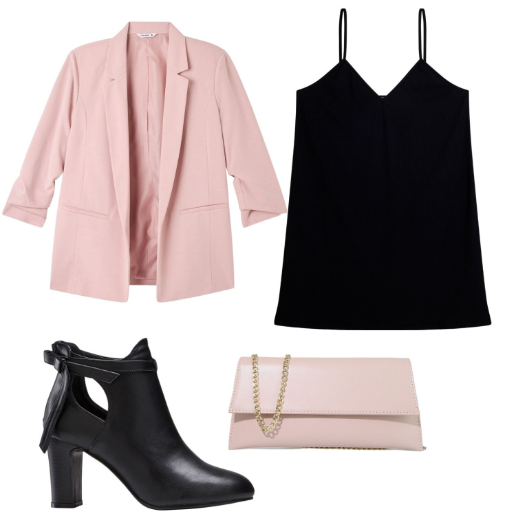 Outfit donna - Serata. Stile Boho per Tutti i giorni. look ideale per Petite. Abbinamento con stivaletti, blazer, pochette, vestiti corti.