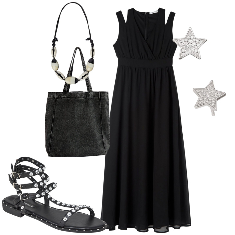 Outfit donna - Summer. Stile Trendy per Tutti i giorni. Abbinamento con vestiti lunghi, sandali, shopping bag, orecchini, collane.