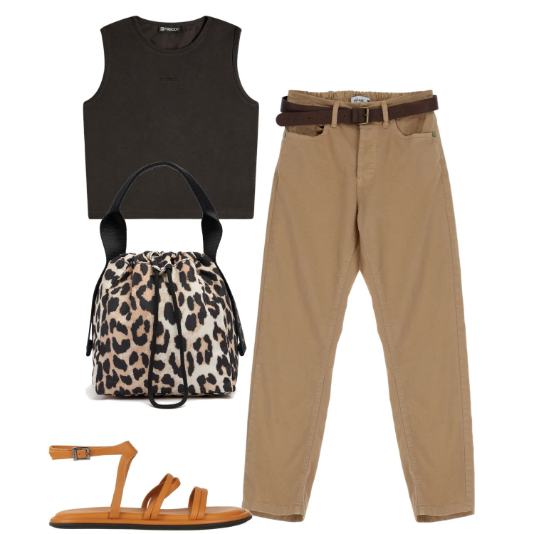 Outfit donna - Super glam. Stile Casual per Tutti i giorni. Abbinamento con sandali in pelle, top, pantaloni, borse a mano.