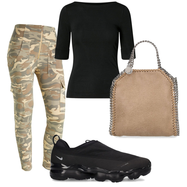 Outfit donna - Total look #1905997. Stile Military per Tutti i giorni. Abbinamento con pantaloni cargo, t-shirt, borse a mano, sneakers.