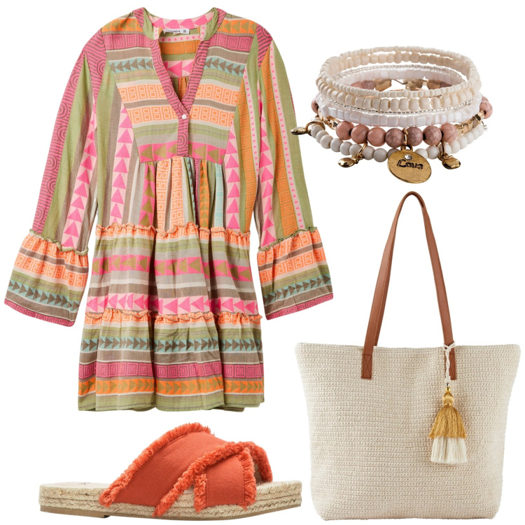 Outfit donna - Total look #1905998. Stile Etnico per Mare. Abbinamento con braccialetti, ciabatte, shopping bag, vestiti.