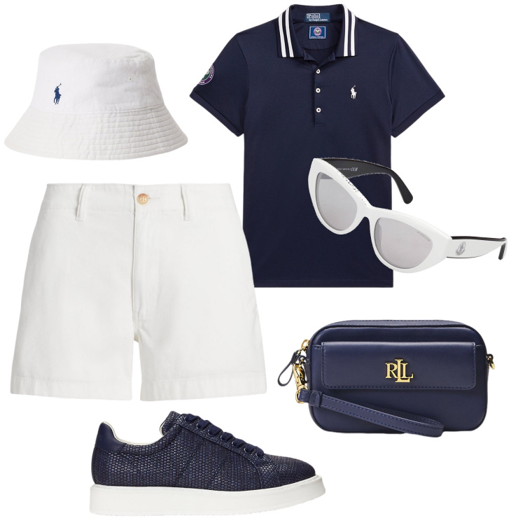 Outfit donna - Colazione Lauren. Stile Sporty chic per Tutti i giorni. Abbinamento con pochette, sneakers, polo, minigonne, cappelli, occhiali da sole.