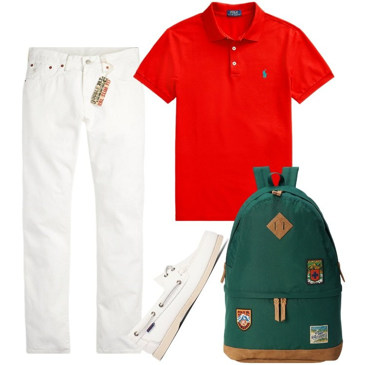 Outfit uomo - Total look #1906003. Stile Trendy per Mare. Abbinamento con polo, jeans slim fit, borse sportive, scarpe stringate.