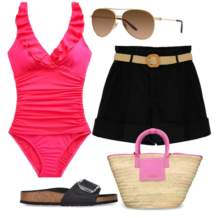 Outfit donna - Total look #1906006. Stile Basic per Mare. Abbinamento con shorts, occhiali da sole, costumi interi, shopping bag, sandali in pelle.