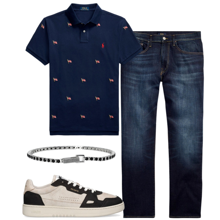 Outfit uomo - Total look #1906013. Stile Casual per Tutti i giorni. Abbinamento con braccialetti, jeans dritti, polo, sneakers.