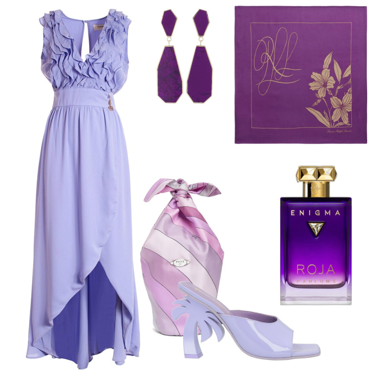 Outfit donna - Total look #1906025. Stile Glamour per Serata fuori. Abbinamento con sandali in pelle, profumi, vestiti asimmetrici, foulard, orecchini, borse a mano.