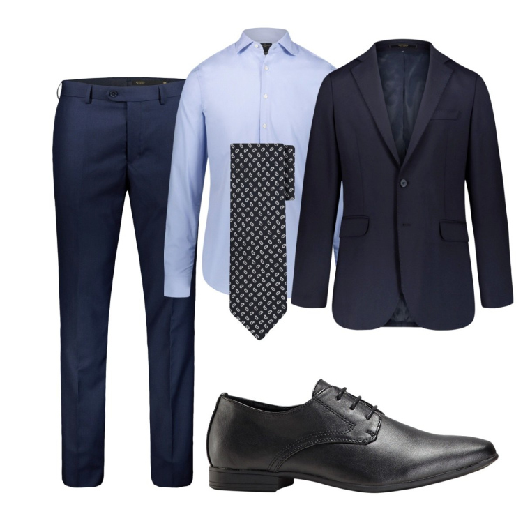 Outfit uomo - Alla cerimonia in blu. Stile Business/Elegante per Cerimonia. Abbinamento con scarpe stringate, giacche, camicie, pantaloni, cravatte.