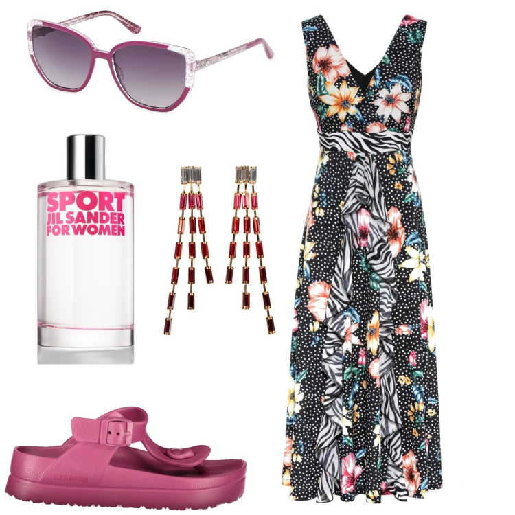 Outfit donna - Total look #1906048. Stile Casual per Tutti i giorni. Abbinamento con orecchini, vestiti, profumi, infradito, occhiali da sole.
