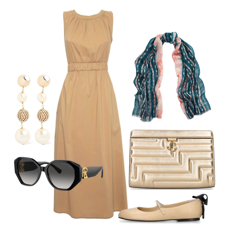 Outfit donna - Ghost outfitter - giugno. Stile Bon Ton per Tutti i giorni. Abbinamento con occhiali da sole, sciarpe, vestiti lunghi, orecchini, pochette, ballerine.