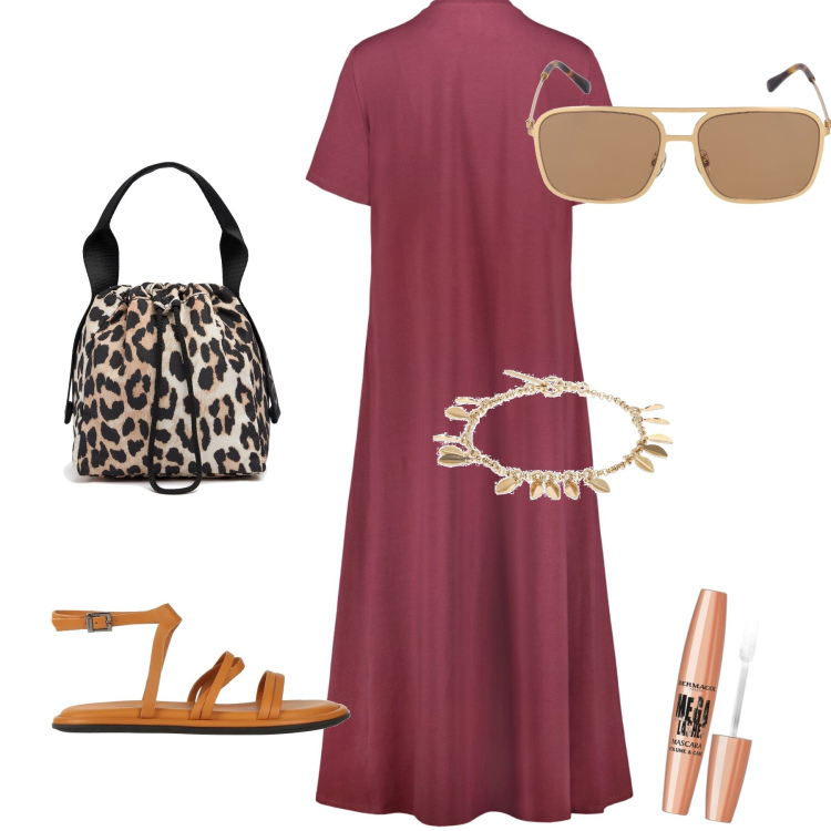 Outfit donna - Oggi pranzo al ristorante. Stile Trendy per Tutti i giorni. Abbinamento con sandali in pelle, mascara, vestiti midi/longuette, occhiali da sole, borse a mano, braccialetti.
