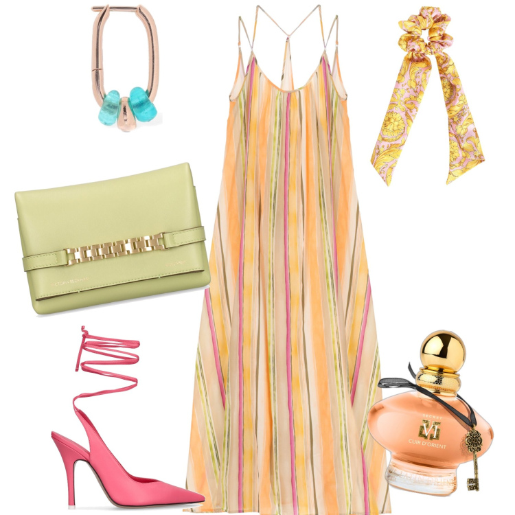 Outfit donna - Multicolor sabato sera. Stile Glamour per Serata fuori. Abbinamento con profumi, vestiti lunghi, accessori per capelli, orecchini, pochette, décolleté.