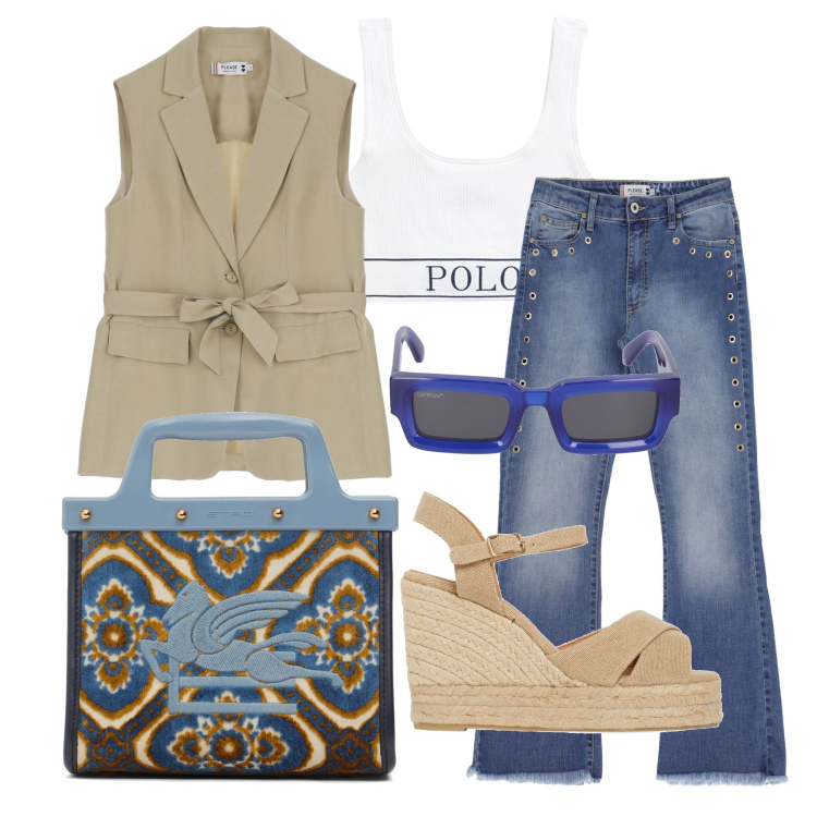 Outfit donna - Ghost outfitter - giugno. Stile Casual chic per Tutti i giorni. Abbinamento con jeans, gilet, canottiere, espadrillas, borse a mano, occhiali da sole.
