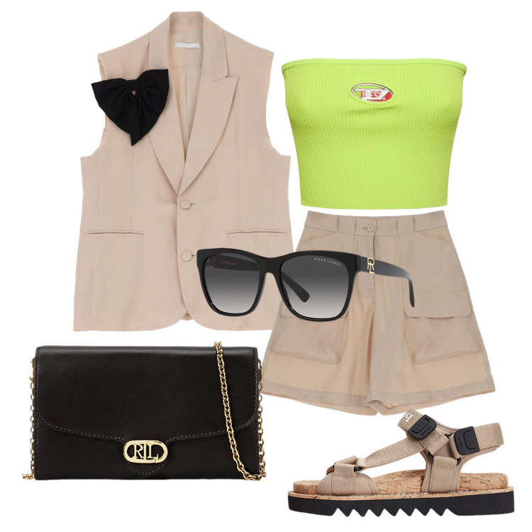 Outfit donna - Ghost outfitter - giugno. Stile Casual chic per Tutti i giorni. Abbinamento con gilet, bermuda, occhiali da sole, sandali, borse a tracolla, top.