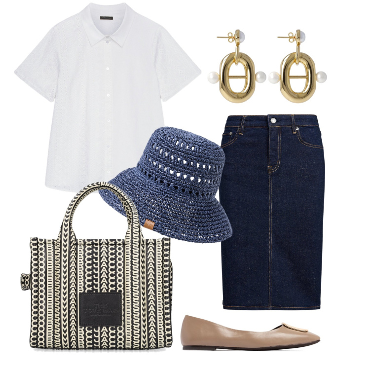Outfit donna - Ghost outfitter - giugno. Stile Casual chic per Tutti i giorni. Abbinamento con gonne, cappelli, orecchini, shopping bag, camicie a manica corta, ballerine.