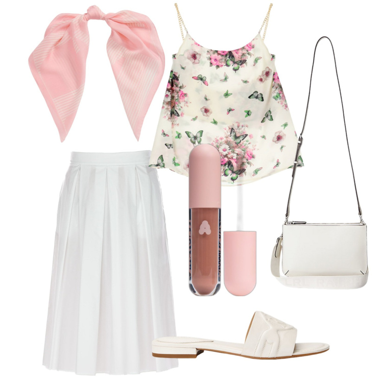 Outfit donna - Total look #1906073. Stile Romantica per Tutti i giorni. Abbinamento con gloss, canottiere, borse a tracolla, foulard, sandali in pelle, gonne longuette.