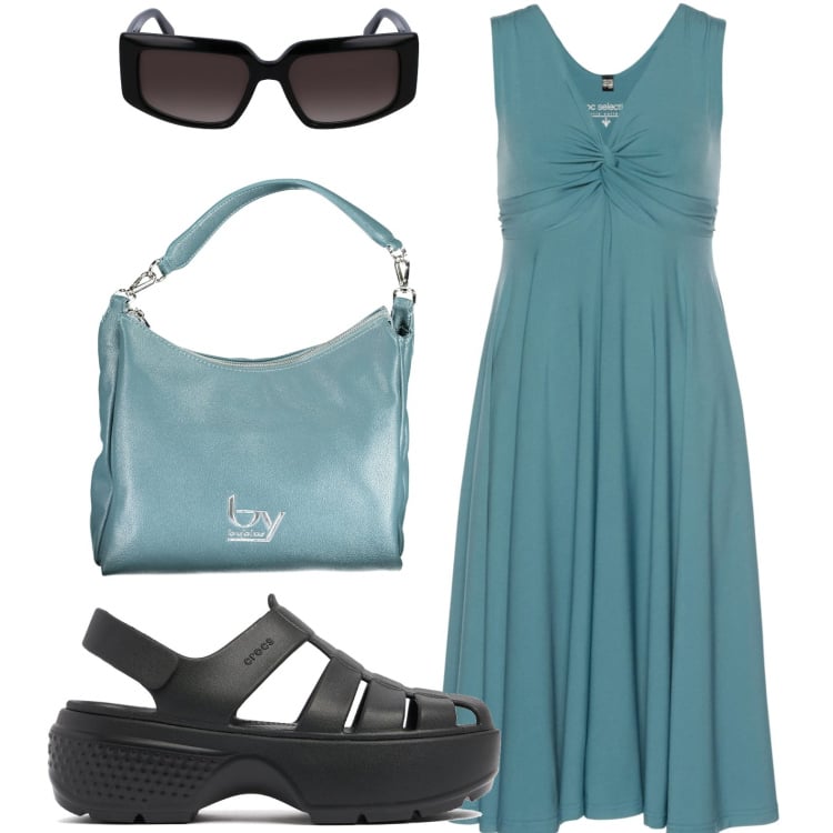 Outfit donna - Pomeriggio. Stile Boho per Tutti i giorni. look ideale per Petite. Abbinamento con vestiti, sandali, borse a spalla, occhiali da sole.