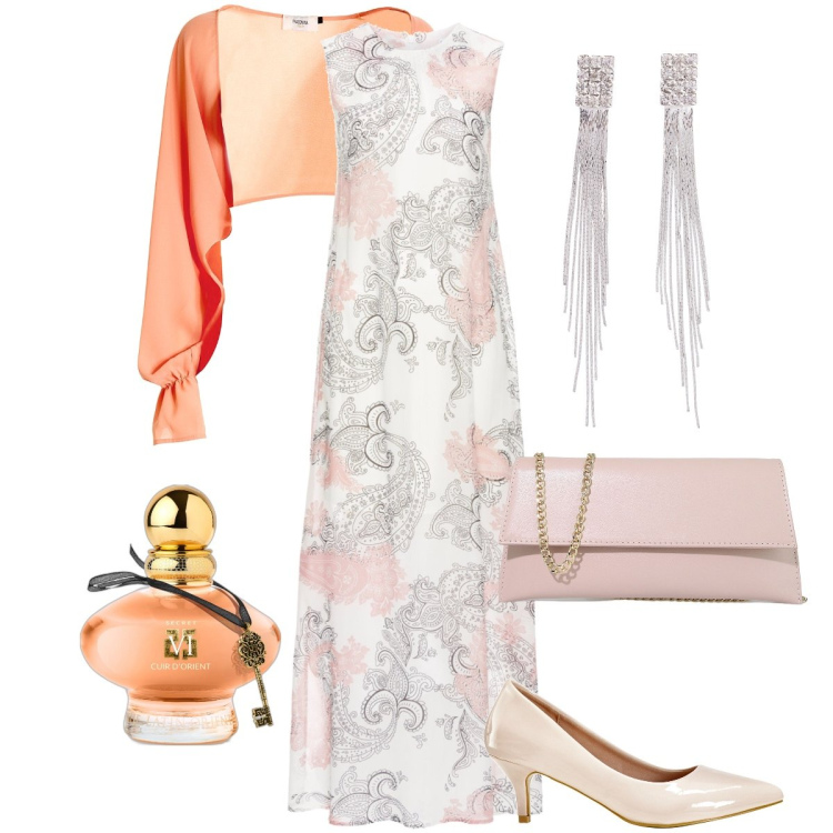 Outfit donna - Abito lungo per la cerimonia. Stile Chic per Cerimonia. Abbinamento con orecchini, vestiti lunghi, décolleté, profumi, blazer, pochette.