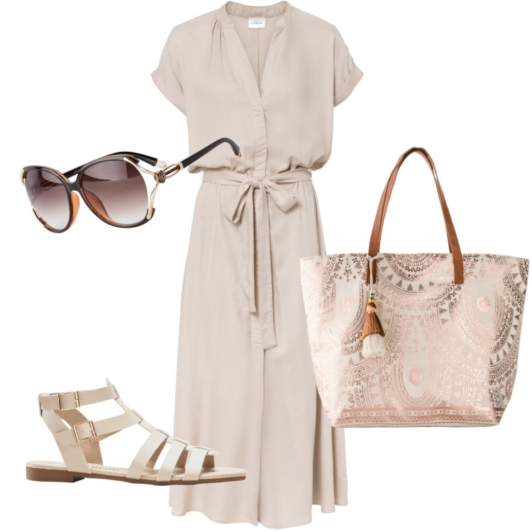 Outfit donna - Il vestito morbido. Stile Casual chic per Ufficio. Abbinamento con occhiali da sole, vestiti chemisier, sandali, shopping bag.
