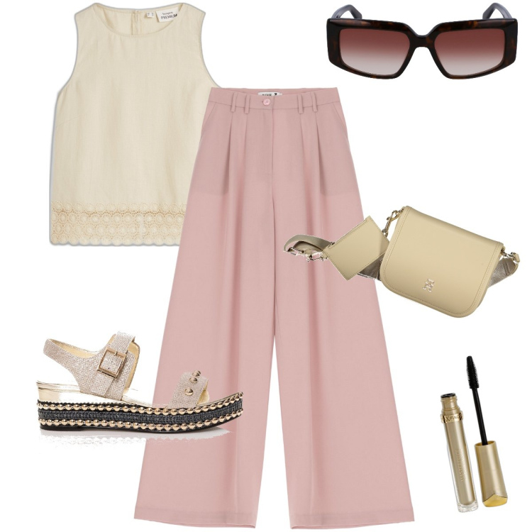Outfit donna - Il top in lino. Stile Casual chic per Ufficio. Abbinamento con top, mascara, pantaloni a palazzo, sandali, borse a tracolla, occhiali da sole.