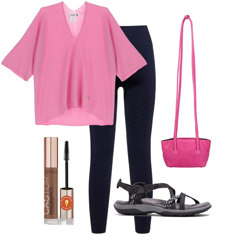 Outfit donna - Con i leggins. Stile Casual chic per Tutti i giorni. Abbinamento con sandali, mascara, maglieria, leggings, shopping bag.