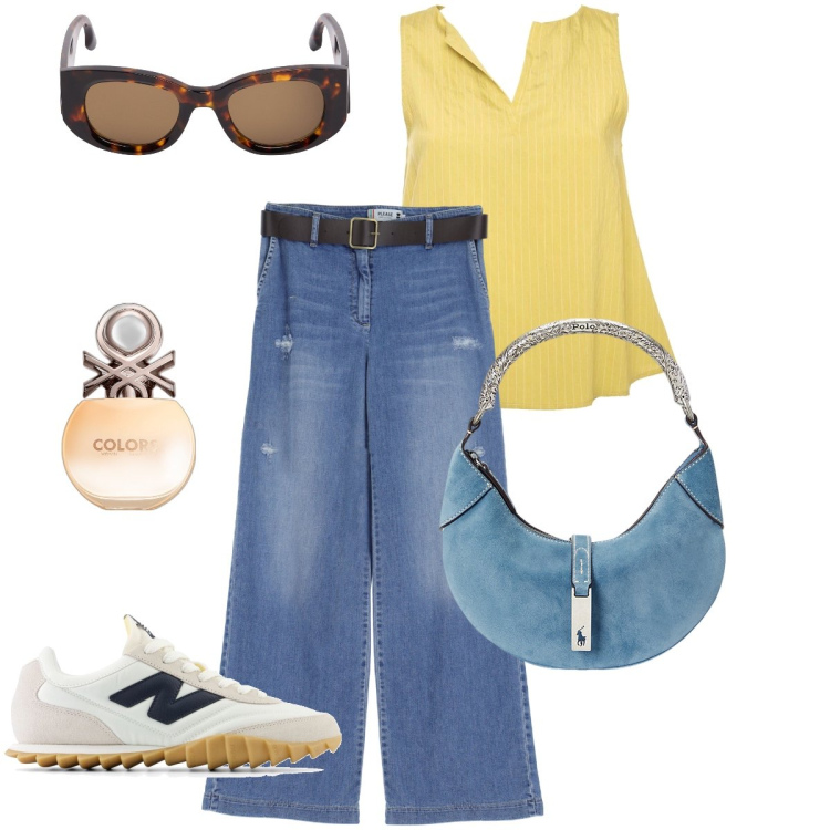Outfit donna - Il top gessato. Stile Urban per Tutti i giorni. Abbinamento con profumi, sneakers, jeans dritti, borse a spalla, top, occhiali da sole.