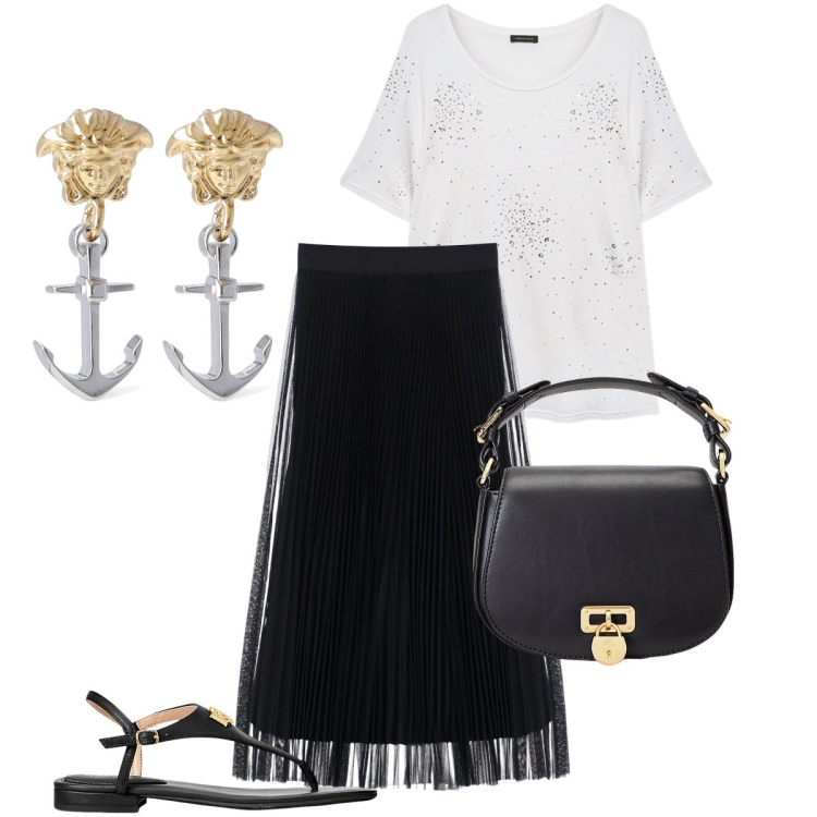 Outfit donna - Ancore di salvezza. Stile Bon Ton per Serata fuori. Abbinamento con gonne longuette, borse a tracolla, sandali in pelle, t-shirt, orecchini.