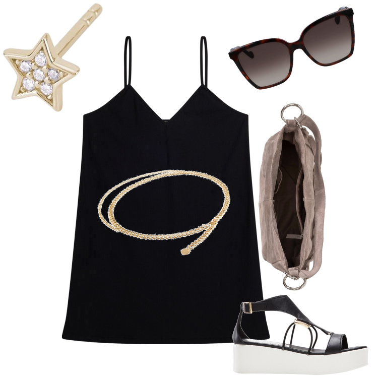Outfit donna - Accessori gioiello e il look si eleva. Stile Glamour per Tutti i giorni. Abbinamento con borse a mano, sandali col tacco, cinture, orecchini, vestiti corti, occhiali da sole.