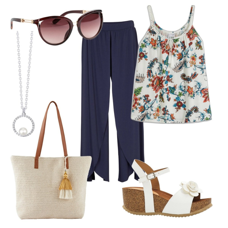 Outfit donna - Tessuti leggerissimi - curvy style. Stile Casual per Tutti i giorni. Abbinamento con top, sandali, occhiali da sole, pantaloni, shopping bag, collane.