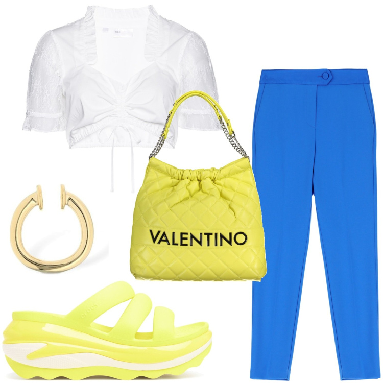 Outfit donna - L\'estate avanza. Stile Basic per Tutti i giorni. look ideale per Petite. Abbinamento con camicie, pantaloni, ciabatte, orecchini, borse a spalla.