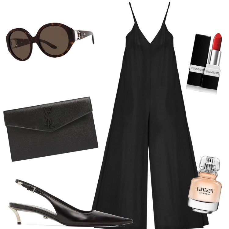 Outfit donna - Versione tuta del LBD. Stile Glamour per Serata fuori. Abbinamento con profumi, rossetti, tute, occhiali da sole, pochette, décolleté.