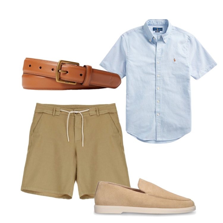 Outfit uomo - Un\'aria fresca. Stile Casual per Tutti i giorni. Abbinamento con bermuda, cinture, camicie a manica corta, scarpe stringate.