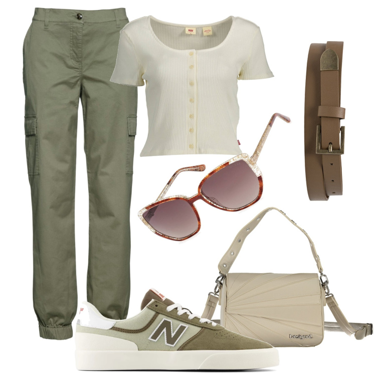 Outfit donna - Mattinata di commissioni. Stile Urban per Tutti i giorni. Abbinamento con pantaloni cargo, sneakers, cinture, t-shirt, borse a spalla, occhiali da sole.