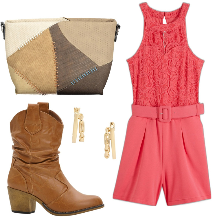 Outfit donna - Tuta. Stile Casual chic per Tutti i giorni. look ideale per Petite. Abbinamento con stivaletti texani, tute, orecchini, borse a tracolla.