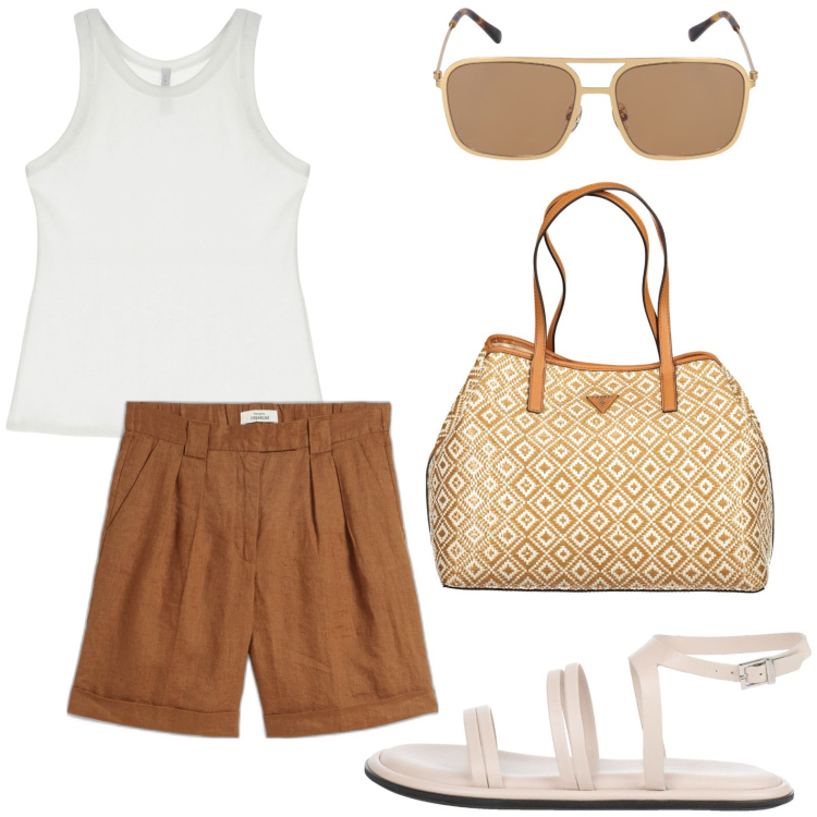 Outfit donna - Pomeriggio estivo. Stile Casual per Tutti i giorni. look ideale per Petite. Abbinamento con bermuda, sandali in pelle, canottiere, borse a spalla, occhiali da sole.