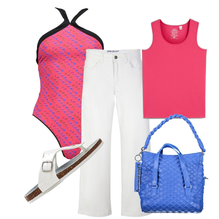 Outfit donna - Estrosa! Fissata con gli abbinamenti. Stile Glamour per Mare. Abbinamento con infradito, jeans, canottiere, costumi interi, borse a spalla.