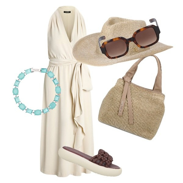 Outfit donna - la classe non è acqua...anche al mare. Stile Casual chic per Mare. Abbinamento con sandali in pelle, braccialetti, vestiti senza maniche, cappelli, borse a mano, occhiali da sole.