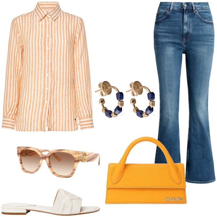 Outfit donna - Total look #1906191. Stile Bon Ton per Tutti i giorni. Abbinamento con jeans, occhiali da sole, sandali in pelle, orecchini, camicie, borse a mano.