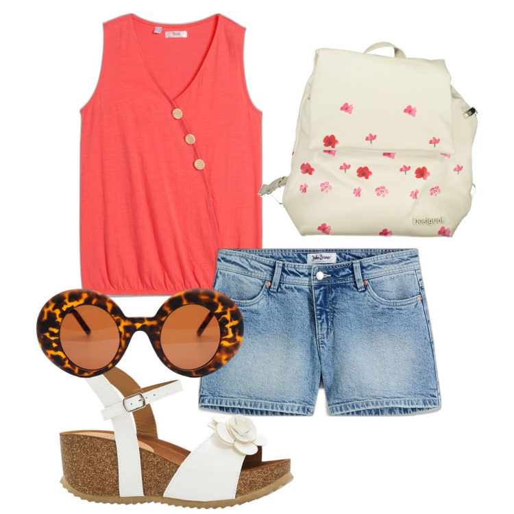 Outfit donna - Vita bassa e morale alto. Stile Casual per Tutti i giorni. Abbinamento con top, sandali, shorts, zaini, occhiali da sole.