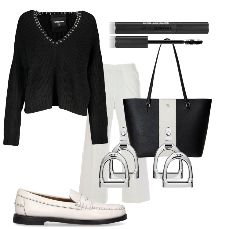 Outfit donna - Total look #1906205. Stile Casual per Tutti i giorni. Abbinamento con mascara, orecchini, borse tote, maglieria, mocassini, pantaloni.