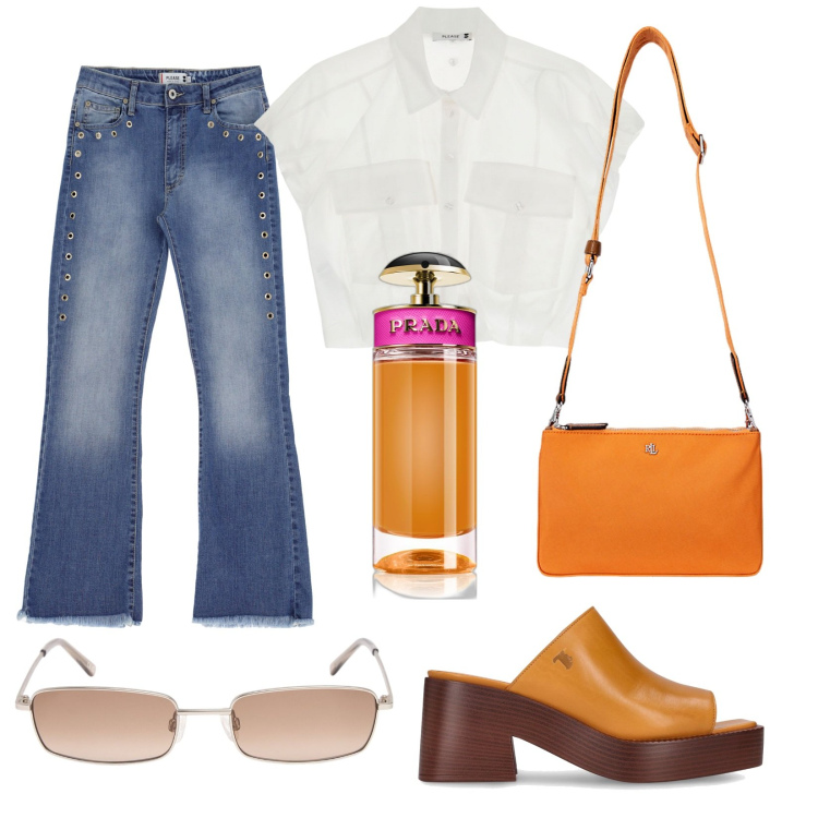 Outfit donna - Total look #1906214. Stile Trendy per Tutti i giorni. Abbinamento con profumi, jeans, camicie, borse a tracolla, sandali in pelle, occhiali da sole.