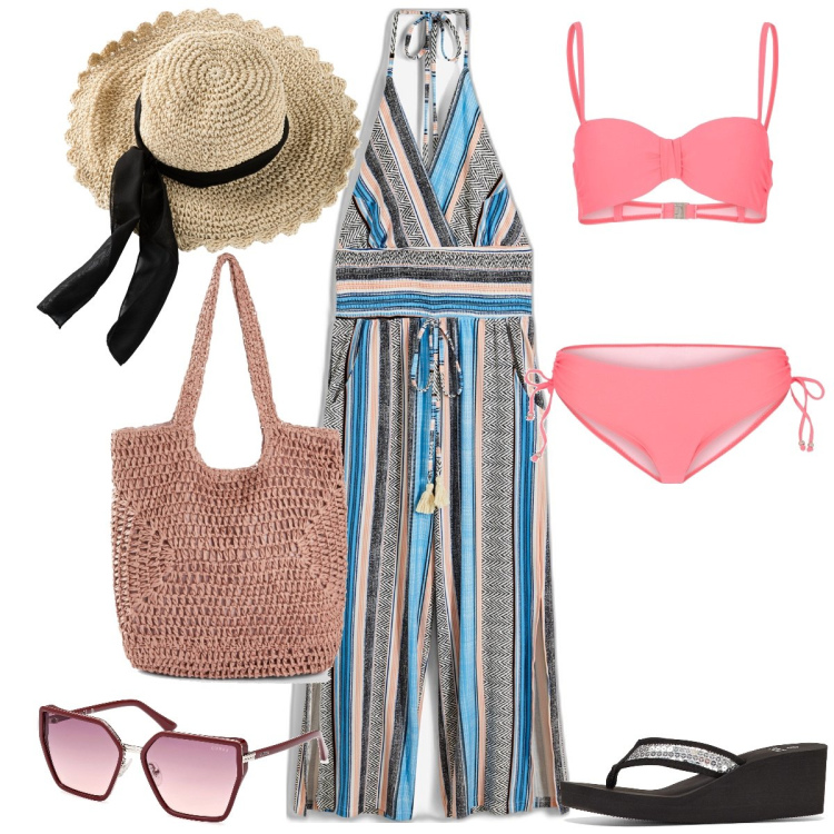 Outfit donna - Al mare. Stile Casual per Mare. Abbinamento con cappelli, tute, bikini, infradito, shopping bag, occhiali da sole.