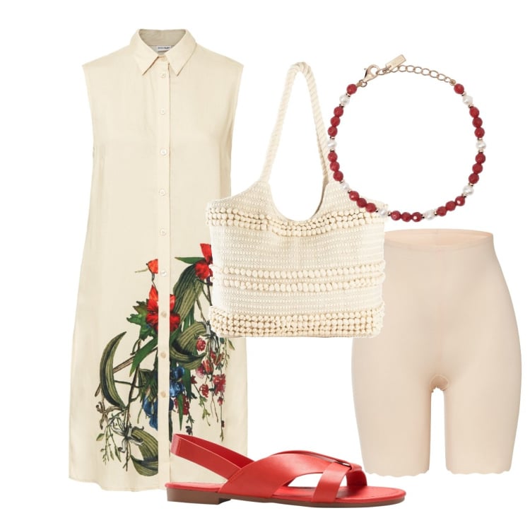 Outfit donna - Stampe cinesi. Stile Bon Ton per Tutti i giorni. Abbinamento con pantaloni corti, camicie, shopping bag, sandali, braccialetti.