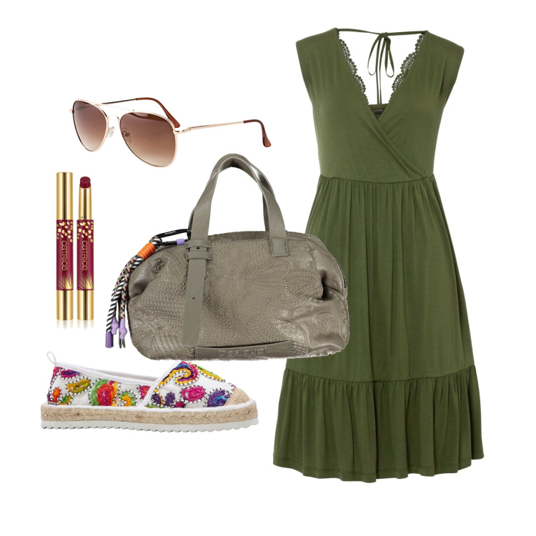Outfit donna - Ghost outfitter - giugno. Stile Casual per Tutti i giorni. Abbinamento con vestiti, espadrillas, occhiali da sole, rossetti, collane.